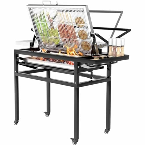 JIADUOFU Parrilla carbón para Barbacoa Carro — Parrilla portátil y Desmontable Uso rudo Exteriores, diseño Cuadrado, con Rejilla cocción giratoria 360° y Ruedas; para Camping, Jardines.