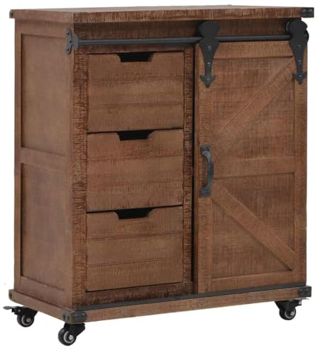 Roanoer Credenza vintage con rotelle, in legno massello di abete, comò con ruote e porta scorrevole, design con porta fienile, per soggiorno, corridoio, ufficio, marrone, 64 x 33,5 x 75 cm