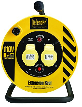 Defender E86450 Light Industrial Cable Reel 25 Metres-16A 2 Way 2.5mm 110V(3-pin rounded plug), Yellow/Black