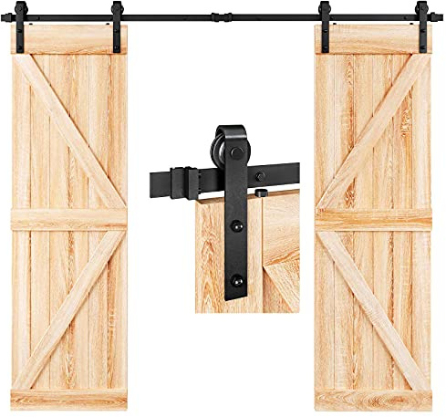 EaseLife 8 FT Double Door Sliding Barn Door Hardware Track Kit,Basic J Pulley,Heavy Duty,Slide Smoothly Quietly,Easy Install (8FT Track Kit for Double 24 Wide Door)