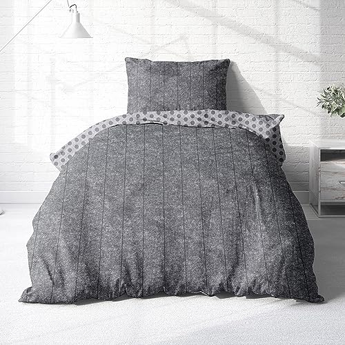 Träumschön Biber Bettwäsche Set 2tlg 155x220 cm + 80x80 cm – Flauschige Bettwäsche Grau – Weiche Winterbettwäsche mit Punkten - Atmungsaktiv, Warm & Hautfreundlich - 100% Baumwolle