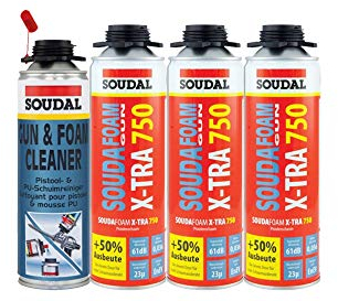 Soudal Kombi Set 3 x Soudafoam B2 X-TRA750 500ml Pistolenschaum Verfüllung Bauanschlussfugen inkl. Reiniger - gebrauchsfertig, schall- und wärmedämmend, genaue Dosierung, formstabil