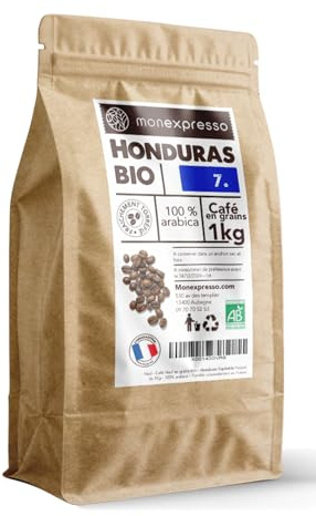 Café grain 1kg - 100% Arabica - Honduras Equitable - Intensité 7 - Torréfié Artisanalement en France - 100% biologique - Monexpresso
