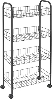 Metaltex Ascona 4-Tier Trolley with Wheels - Multipurpose Storage Cart for Home including Kitchen, Bathroom, Office, and Garage – Polytherm Lava, 41 x 23 x 84 Centimetres, Black