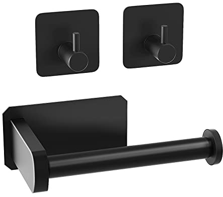 Anfly RV Toilet Paper Holder - Strong Sticky Adhesive Toilet Paper Holder with 2 Hanging Hooks for Campers, Bathroom, Kitchen (Matte Black)