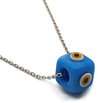 MYSTIC JEWELS by Dalia - Collar Mal de Ojo en forma cubo de Cristal Azul para la Buena Suerte - Cadena Plata de ley 925 (Turquesa)