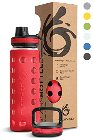 hydro2go Bottiglia in Vetro con Custodia in Silicone – Lavabile in Lavastoviglie, 2 Coperchi Intercambiabili, 100% a Prova di Perdite e Senza BPA – per Ufficio e Outdoor (Urban Red 2.0) – 550 ml
