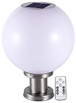 QJUZO LED Solar Pollerleuchte Rund mit Fernbedienung, Dimmbar Gartenlampe kugel Außenleuchte, Sockelleuchte Außen Edelstahl, Wasserdichte, 3 Farbtemperatur, Timing,D20*h25cm