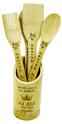 Set Accessori da Cucina Utensili in Legno 5 pezzi portamestoli 4 mestoli Cucchiaio Spatola Forchettone Personalizzati Idea Regalo Originale Festa della Mamma Compleanno Natale Incisione Laser Regina