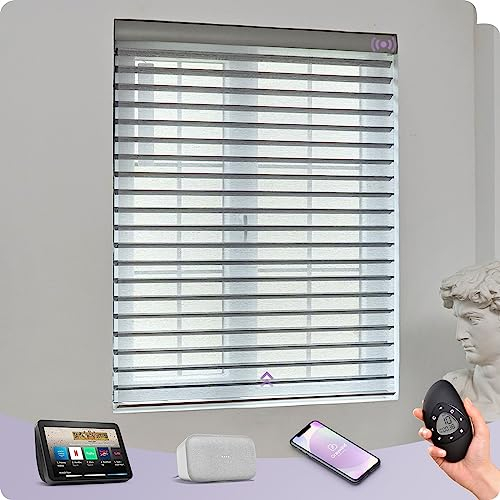 Graywind nach Maß Elektrische Shangri-la Duo Rollo, Elektrische Jalousien Kompatibel mit Alexa Google App, Smart Doppelrollo Innen mit Wiederaufladbarer Motor & Fernbedienung, Jacquard Grau