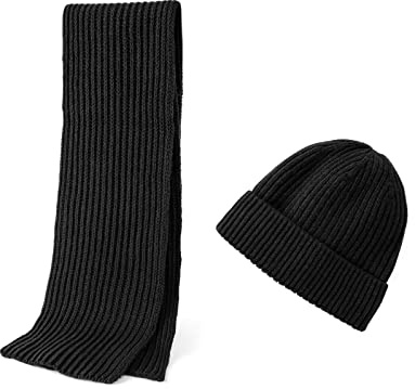 Embouro 2PCS Set di Sciarpe Beanie in Maglia di Lana Merino per Uomo e Donna, Sciarpe Lunghe Invernali Morbide e Calde con Cappello Beanie di Lana (Nero)