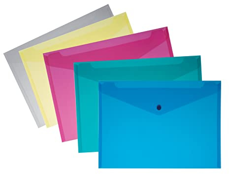 Umschlag mit Knopf A5, Dokumentenhalter aus Polypropylen mit Druckverschluss, verschiedene Farben, 5 Stück