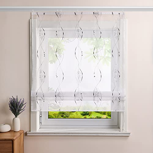 Heichkell Raffrollo mit Klettschiene Voile Raffgardinen Transparent Rollo Bestickt Modern Vorhang Grau BxH 80x140cm