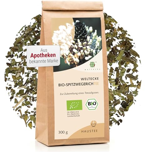 Weltecke Bio-Spitzwegerich-Tee lose 300 g, Spitzwegerichblätter getrocknet & geschnitten, Frisch abgefüllt in Deutschland, Kräuter-Tee mit würzig-herbem Geschmack, Angenehmer Halswärmer