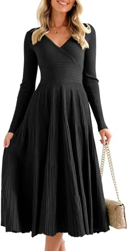 Saodimallsu Womens Long Sleeve Midi Sweater Dress Wrap V Neck Pleated A Line Fit Flare Elegant Knit Maxi Dress Black