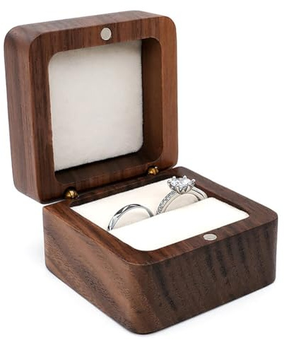 Asudaro Walnuss Holz Ring Box, Ringschachtel Hochzeit Ringetui Samt Schmuck Geschenkbox Hochzeitsring-Schatulle Ehering Geschenkbox Schmuckkästen für Verlobung, Heiratsantrag, Hochzeit weiß-single