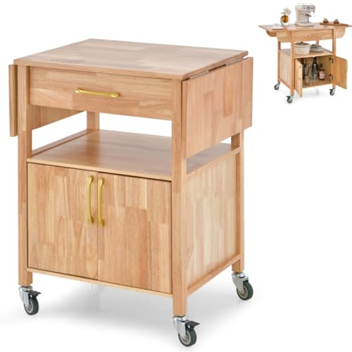 TANGZON Kitchen Storage Trolley on Wheels, Rolling Kitchen Island with Extendable Drop Leaf Worktop, 2-Door Cabinet, Open Shelf & Drawer, Utility Wooden Serving Trolley Cart for Dinning Living Room