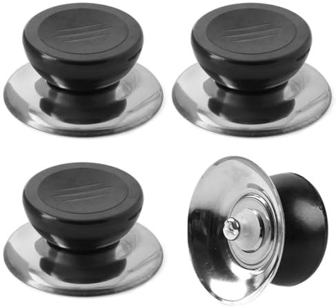 LEEQBCR 4 Stück Topfdeckel-Ersatzknöpfe, Edelstahl-Deckelknöpfe, Kunststoff-Deckelknöpfe Universal-Kochgeschirr-Deckel, Schwarze Ersatzknöpfe