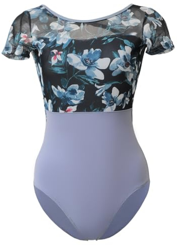 ROYAL SMEELA Tryckt baletttrikåer för kvinnor kortärmad trikåer för balettdans damer gymnastik bodysuit vuxen mesh balettdans trikåer kvinna tryck dans trikåer rygglös ballerinaskleotard, BLÅ, S