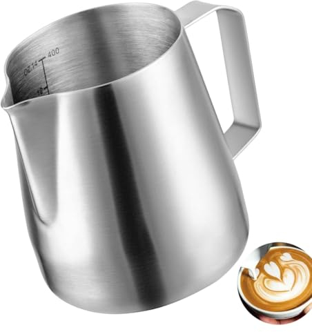 Wrobic Milk Frothing Pitcher 14oz/400ml, Stainless Steel Milk Jug for Making Latte Art and Coffee Cappuccino,Latte Art Barista Steaming Pitcher Milk Frother Jug with Scale