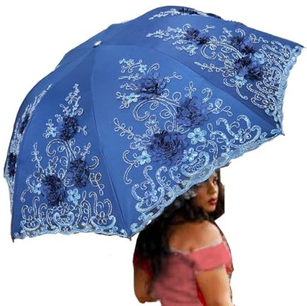 WENDIN Regenschirm mit 3D-Blumenstickerei, Spitzenschirm mit Blitzfolien-Dekoration, Anti-UV-Sonnenschirm, faltbarer Regenschirm für Hochzeit, Party, Spitze, Brautschirm (Marineblau)