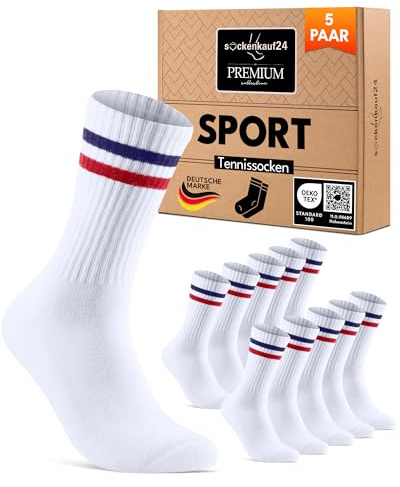 sockenkauf24 Calcetines Deportivos Hombre Mujer Tenis Performance Crew Socks Acolchados Transpirables Estilo Retro 17900 (Blanco - Rayas Rojo/Azul 43-46)