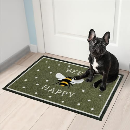 Mighty Mats Eco Flex Washable Door Mat - Highly Absorbent Anti-Slip Dirt Trapper Indoor Doormat with Anti-Curl Rubber Base - Bee Happy Green, 50 x 75cm