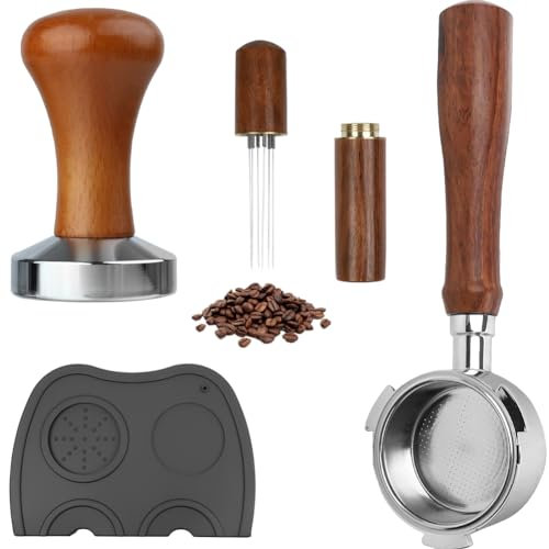 Prensadores de Café, 51mm Filtro Portafiltro Café sin Fondo, Agitador de Café expreso, 5 agujas, Tamper Prensadores de Café con Alfombrilla Cafe, Madera Café Tamper Espresso Kit Set