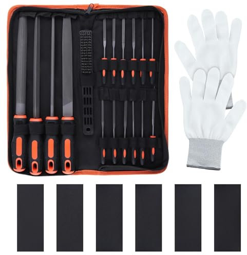 LEONTOOL Juego de 25 limas de metal con funda de transporte, T12 de acero al carbono forjado plano/triángulo/semicircular/redondo y 12 limas de aguja de precisión con guantes de papel de lija, trabajo