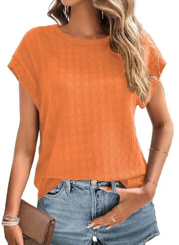 Chicrise - Camiseta para mujer, elegante y chic, mangas de murciélago, cuello redondo, mangas cortas, color liso, texturada, moda casual, naranja, L