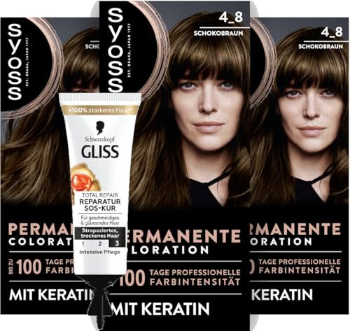 SYOSS Coloration 4_8 Schokobraun (3x 115 ml), permanente Coloration mit Keratin verleiht bis zu 100 Tage professionelle Farbintensität & SOS-Intensiv-Kur Total Repair (15 ml), Haarkur mit Keratin