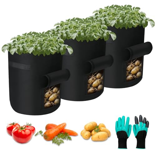 Helterfolg Kartoffel Pflanzsack, Pflanztaschen Kartoffelsack mit Griffen und Zugangsklappe, Garten Pflanzbeutel mit Gartenhandschuhe für Gemüse Blumen Früchte (3 Stück, 10 Gallonen)