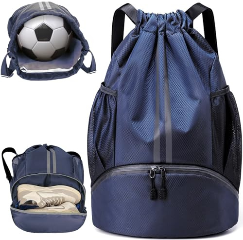 WUBAYI Football Boot Bag, Sports Kit Gym Sack Swimming PE Large Drawstring Bag Unisex With Wet And Dry Separation, Waterproof Gym Bag for Adults Men Women Travel, Sports Beach Holidays (Dark Blue)