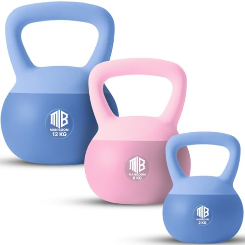 ManiBoom Pesas Rusas PVC SUAVE 2 kilos 3kg 4kg 5kg 6kg 8kg 10kg 12kg - Pesa Rusa Kettlebell Relleno de Arena de Hierro INSONORIZADO con Agarre Grueso ANTIDESLIZANTE - Protege el Suelo (Combo 20kg)