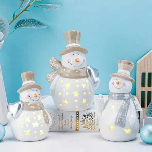 Tujoe 3 Pcs Light up White Ceramic Snowman Decor LED Lighted Porcelain Snowman Figurines Tabletop Battery Operated Winter Fireplace Mantel Table Centerpiece Decorations(Vintage)