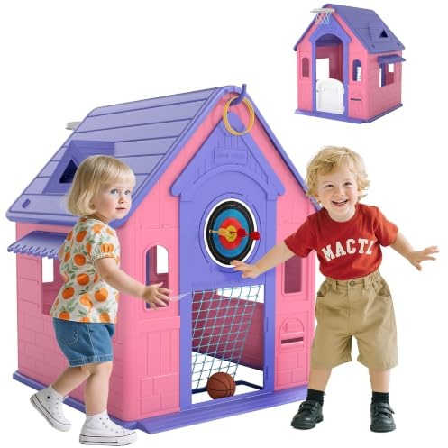 AIYAPLAY Playhouse for Kids Outdoor Indoor 5-in-1 Basketball Hoop Pink | Wendy House, Football, Dartboard, Ring Toss, Garden House, for Kids 2-5 Years, Imaginative Play, Easy to Assemble