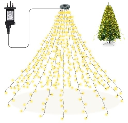 Zorela Christmas Tree Lights, 2m x 16 Strands 400 LEDs Christmas Lights for 5-10ft Christmas Tree, Waterfall Christmas Tree Lights 8 Modes for Indoor and Outdoor- Warm White