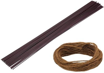 sourcing map 50Pcs 2 Gauge Floral Wire, 15.75 Length Flower Stem Wires with 0.08 x 32.8ft Twine for Wreath Making, Flower Arrangement, Brown