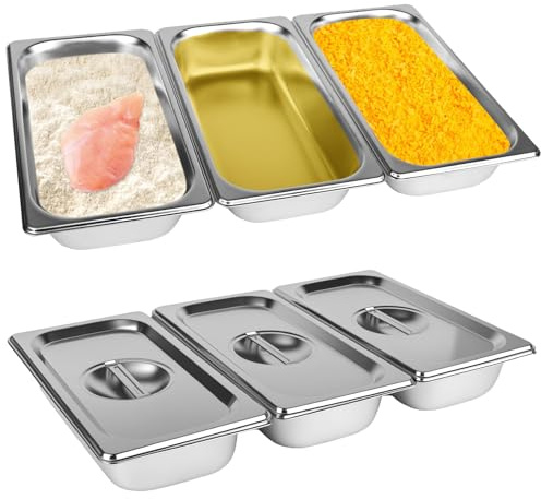 Rzspher Breading Bowls Set, 3 Pieces, Breading Street Carvings 32.5 x 17.5 x 6.5 cm, GN 1/3 Container, Rectangular Metal Gastro Container with Lid Made of Stainless Steel for Cutlets, Meat, Fish