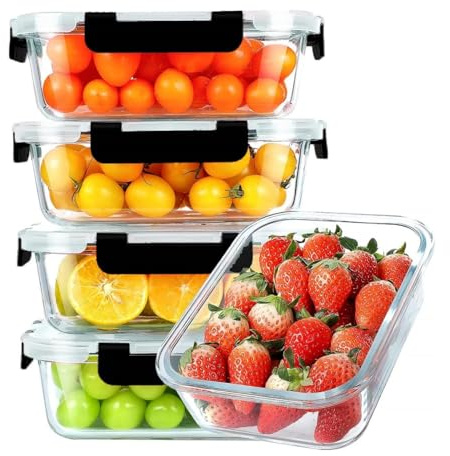 5 Pack Glass Meal Prep Containers with Lid 36oz Food Storage Containers | Airtight Lid Transparent Glass Lunch Box Pantry Organizer and Storage Freezer or Fruits, Food