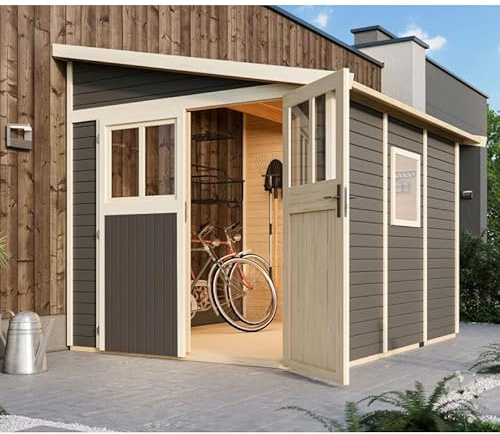Karibu Abri de Jardin Adossé Bois Massif Gris Terre 6,23m² Bomlitz 3 | Robuste Épicéa Nordique avec Embase | Toiture Panneaux 16mm, Double Porte Semi-Vitrée, Fenêtre Plexi