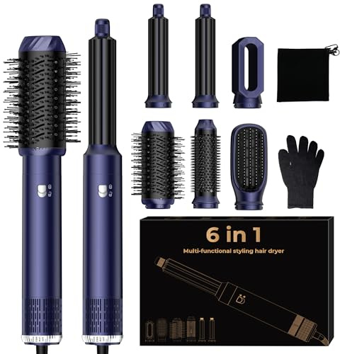 Airstyler 6-i-1 hårstyling med luftlocktänger, varmluftsborste, hårtork, rund hårtork, hårstyling, multistyler, 1000W hårtork, hårstylingborstar, blå/silver