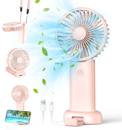 Neqraxis Ventilador Portatil, Mini Ventilador USB Silencioso, 3000mAh Ventilador Recargable, Ventilador Portatil Mano, 3 velocidades para viajes, playa, trabajo y exteriores,Acampada-Rosa