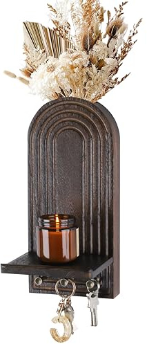 HofferRuffer 3-in-1 Wandregal Holz，Wandvase+Kerzenhalter+ Schlüsselhaken，Boho Wanddeko Holz, Wandorganizer hängend, Wooden Wall Shelves, platzsparend für Wohnzimmer Schlafzimmer Flurr(Braun)