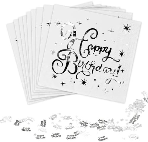 50 Stück Servietten Geburtstag, Servietten Weiß Silber, 33x33cm Happy Birthday Servietten, Geburtstagsservietten Tisch Deko für Junge Mädchen Geburtstag Party Deko, Happy Birthday Papierservietten