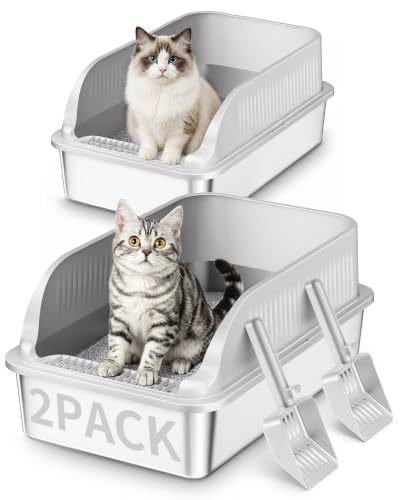 2 Pezzi Lettiera Gatto Acciaio Inox, Lettiera per Gatti con 2 Palette, Semi-Chiusa Toilette per Gatti Grande XXL, Sabbiera Alta Rimovibile, Antiodore, Facile da Pulire, Antiaderente, Grigio Chiaro