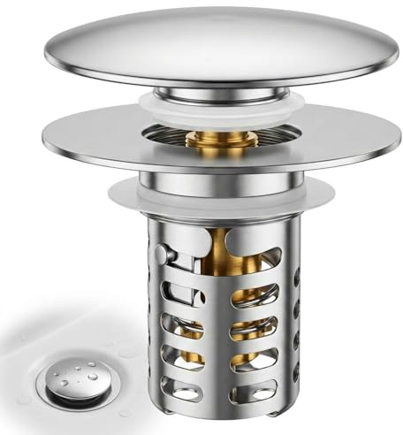 Tapón Desagüe Universal Pop-Up para Lavabo y Bañera, Filtro Antiobstrucción de Acero Inoxidable con Núcleo de Latón, Sellado Hermético Antiolores, Fácil Instalación Sin Herramientas 28.5-55mm