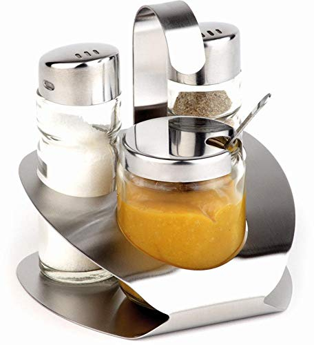 APS 40474 Menage PRO, 10 x 10 cm, Höhe 11,5 cm, Set besteht aus: Salz- und Pfefferstreuer, Senftöpfchen mit Löffel, Ständer aus Edelstahl (matt poliert)