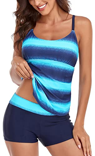 Sixyotie Donna Costumi da Bagno di Due Pezzi Strisce Colore Sfumato Due Pezzi Tankini Moda Boyshort (Blu, 2XL)