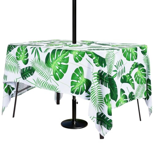 3E Home 152x259cm Outdoor Table Cloth with Parasol Hole, Water Resistant Garden Patio Rectangle Tablecloth with Zipper for Outdoor Picnics and Parties, Palm Leaf
